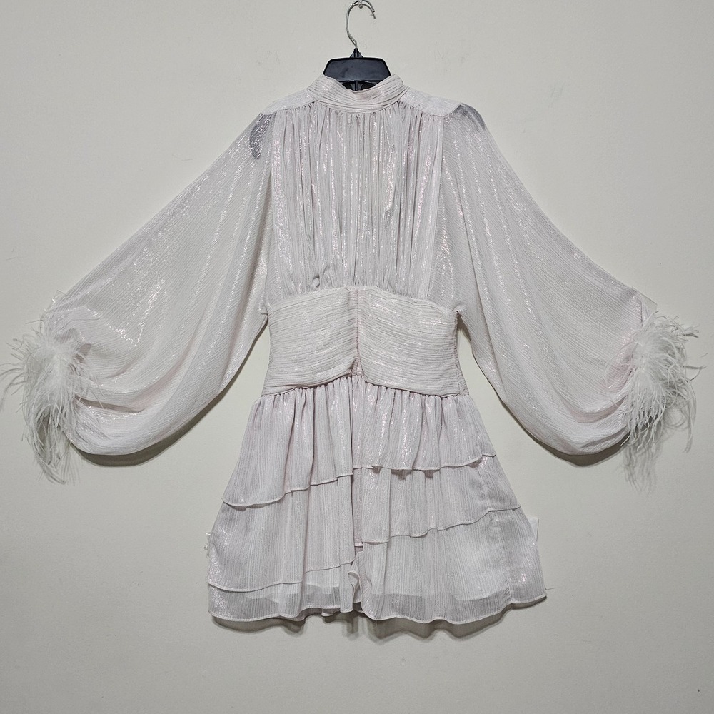 A Loves A Womens Dress Ruched XS White Silver Shimmer Long Sleeves Mock Neck 858